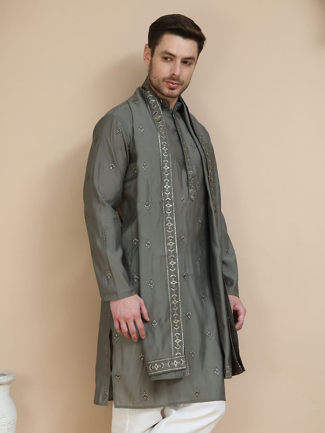 Embroidered Silk Blend Kurta With Matching Dupatta