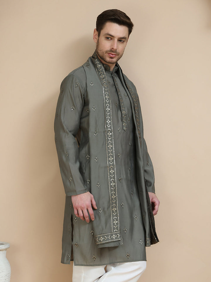 Embroidered Silk Blend Kurta With Matching Dupatta
