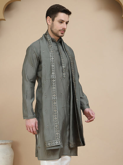 Embroidered Silk Blend Kurta With Matching Dupatta