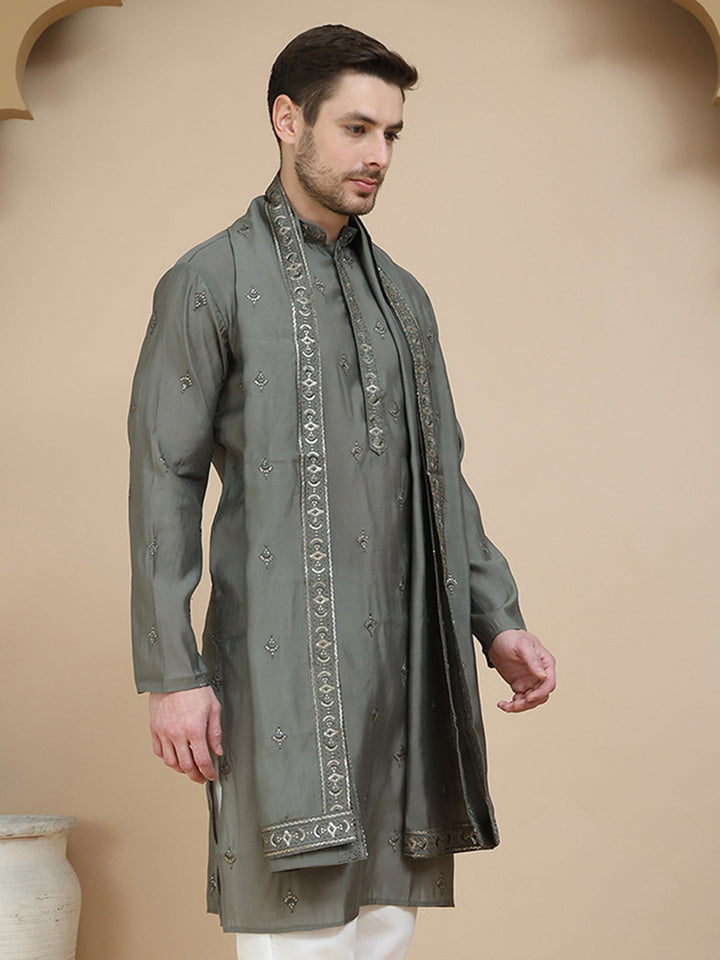 Embroidered Silk Blend Kurta With Matching Dupatta