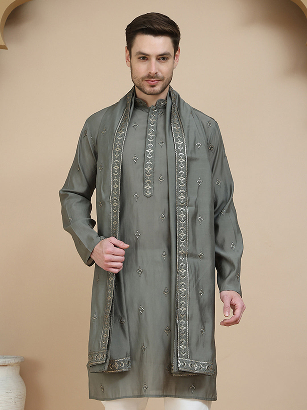 Embroidered Silk Blend Kurta With Matching Dupatta