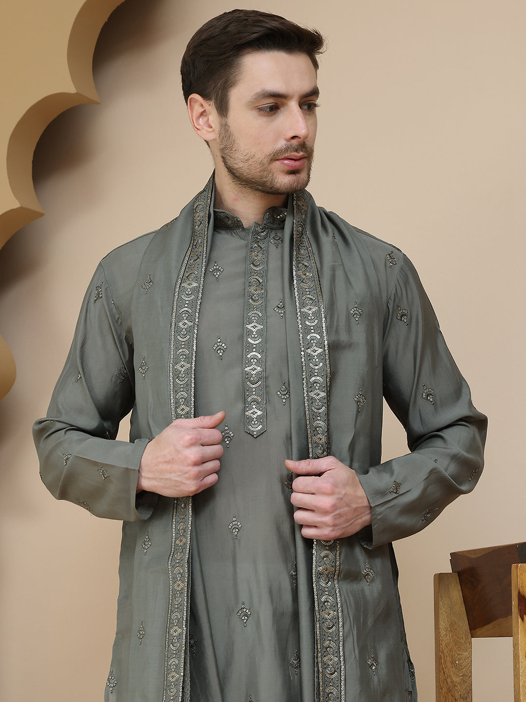 Embroidered Silk Blend Kurta With Matching Dupatta