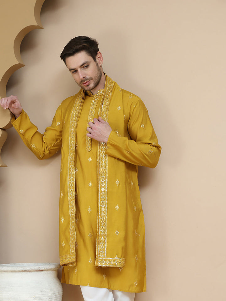 Embroidered Silk Blend Kurta With Matching Dupatta