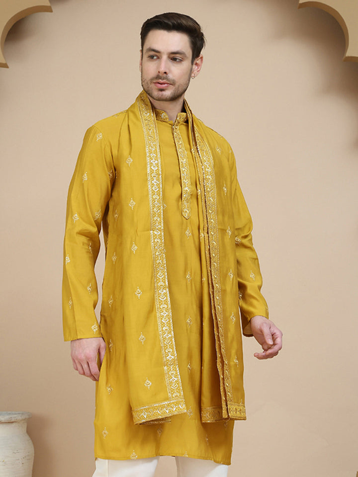 Embroidered Silk Blend Kurta With Matching Dupatta