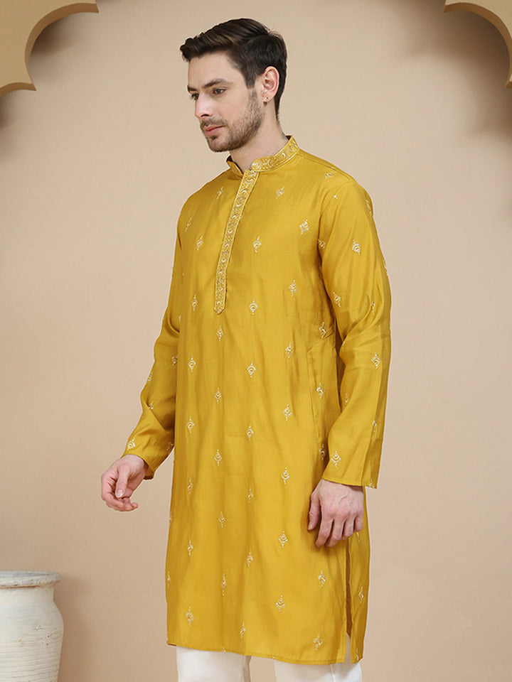 Embroidered Silk Blend Kurta With Matching Dupatta