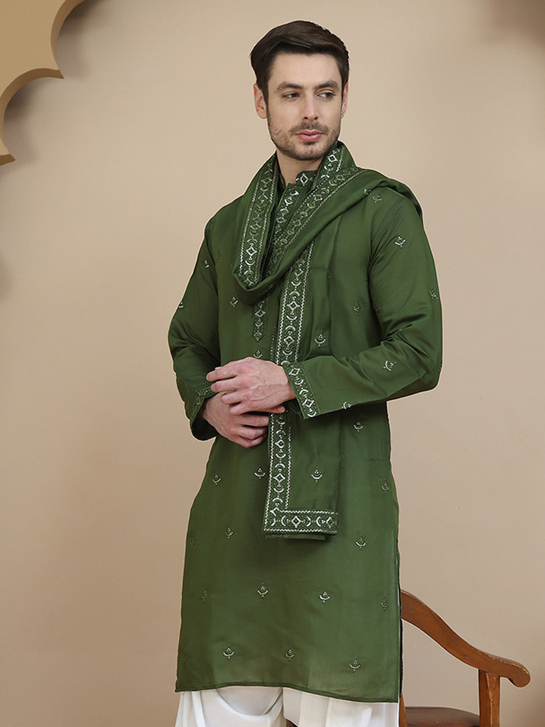 Embroidered Silk Blend Kurta With Matching Dupatta
