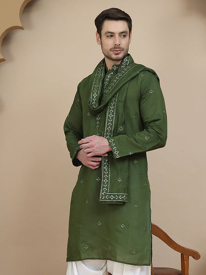 Embroidered Silk Blend Kurta With Matching Dupatta