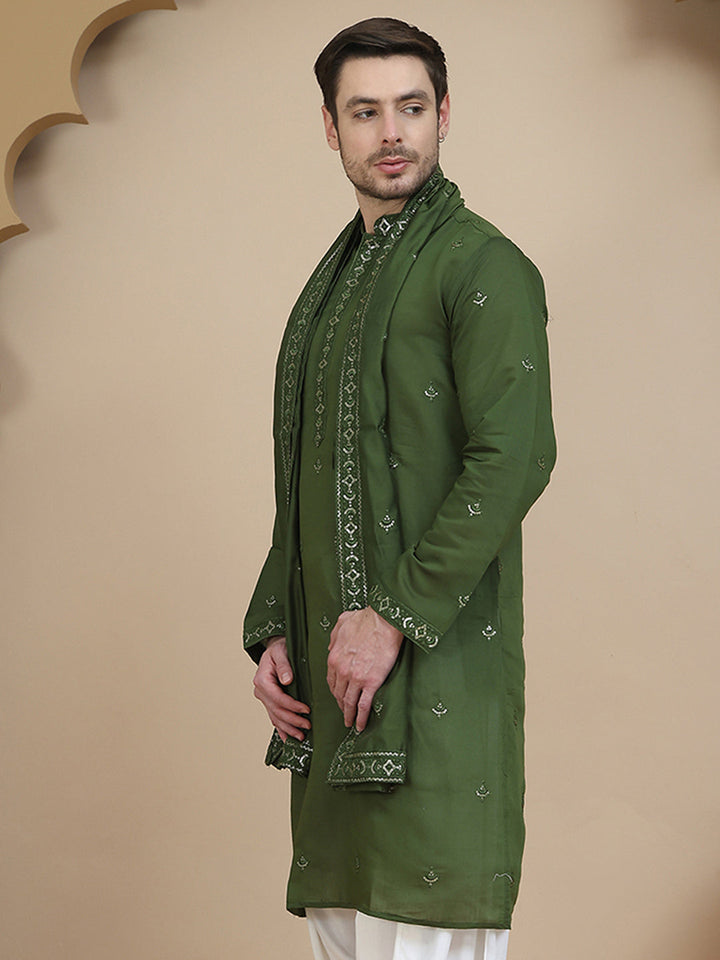 Embroidered Silk Blend Kurta With Matching Dupatta