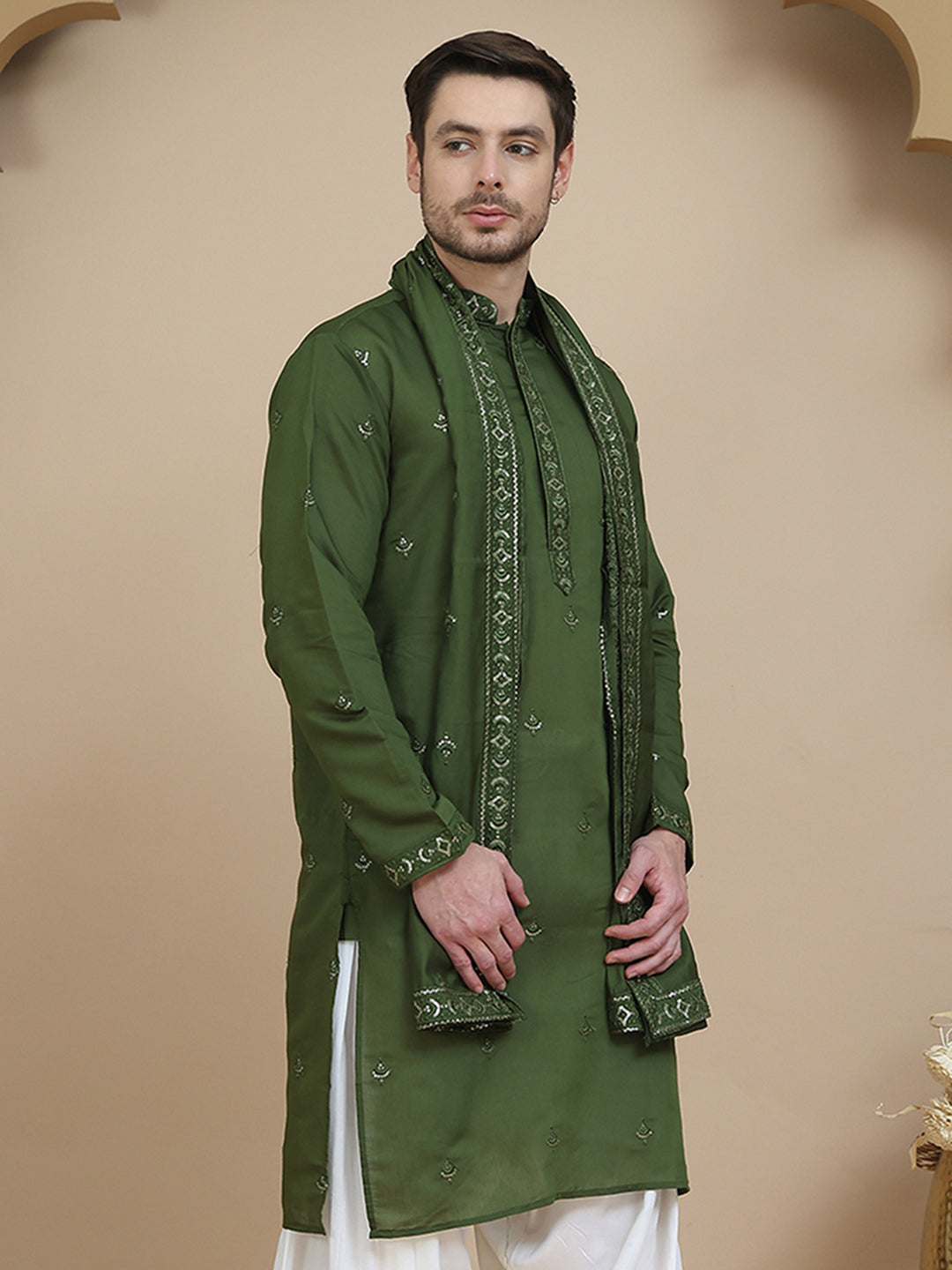 Embroidered Silk Blend Kurta With Matching Dupatta