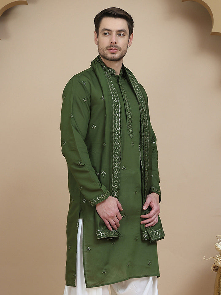 Embroidered Silk Blend Kurta With Matching Dupatta