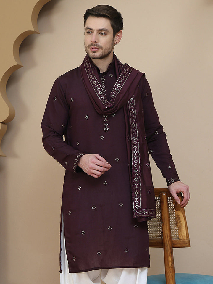 Embroidered Silk Blend Kurta With Matching Dupatta