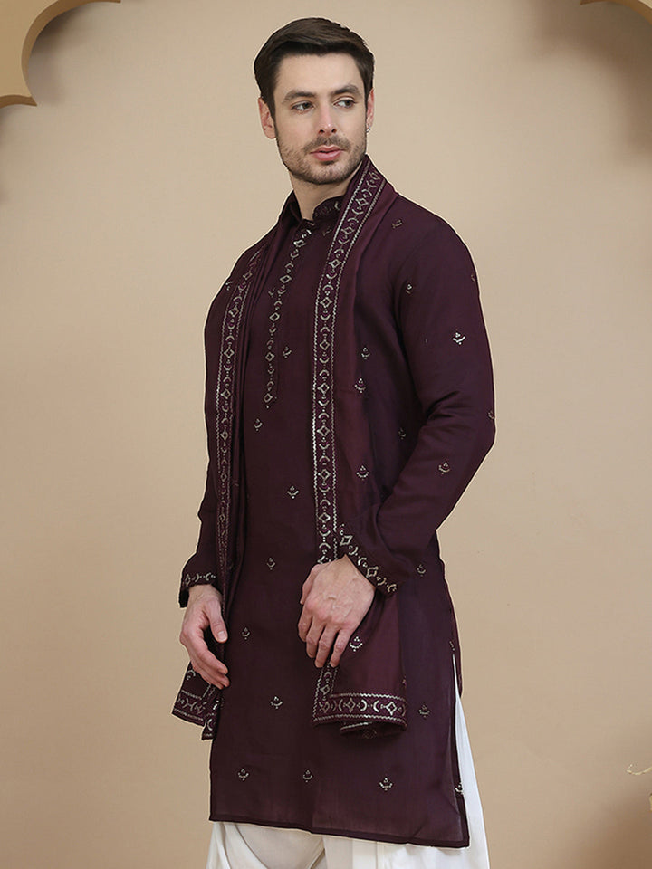 Embroidered Silk Blend Kurta With Matching Dupatta