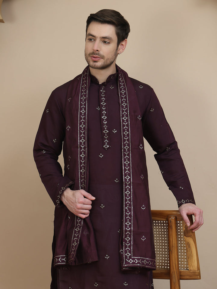 Embroidered Silk Blend Kurta With Matching Dupatta