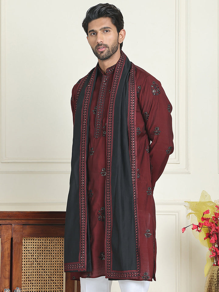 Embroidered Silk Blend Kurta With Contrast Dupatta