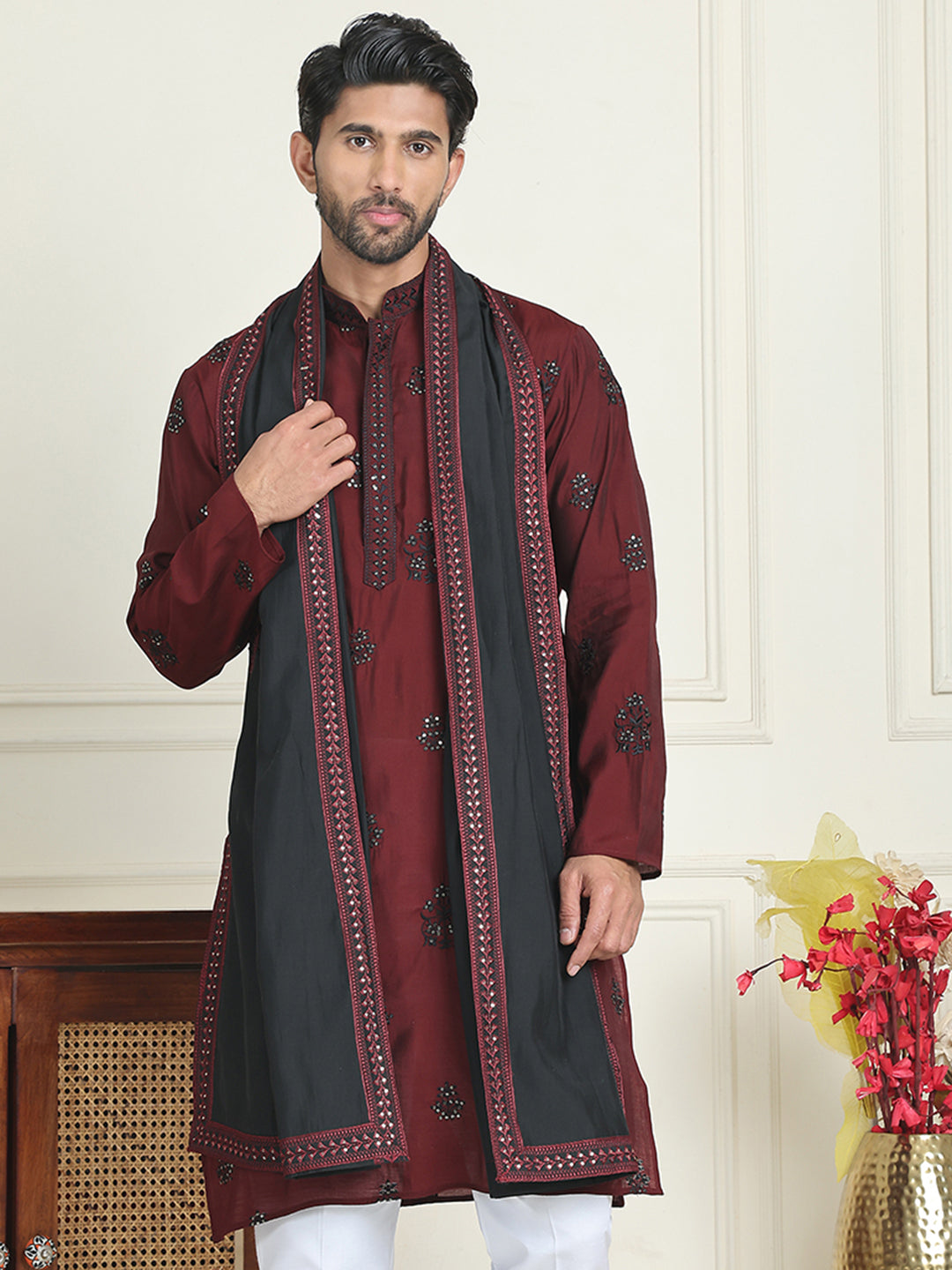 Embroidered Silk Blend Kurta With Contrast Dupatta