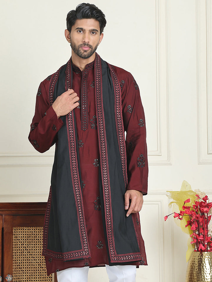 Embroidered Silk Blend Kurta With Contrast Dupatta