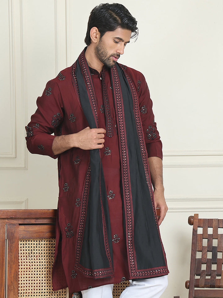 Embroidered Silk Blend Kurta With Contrast Dupatta
