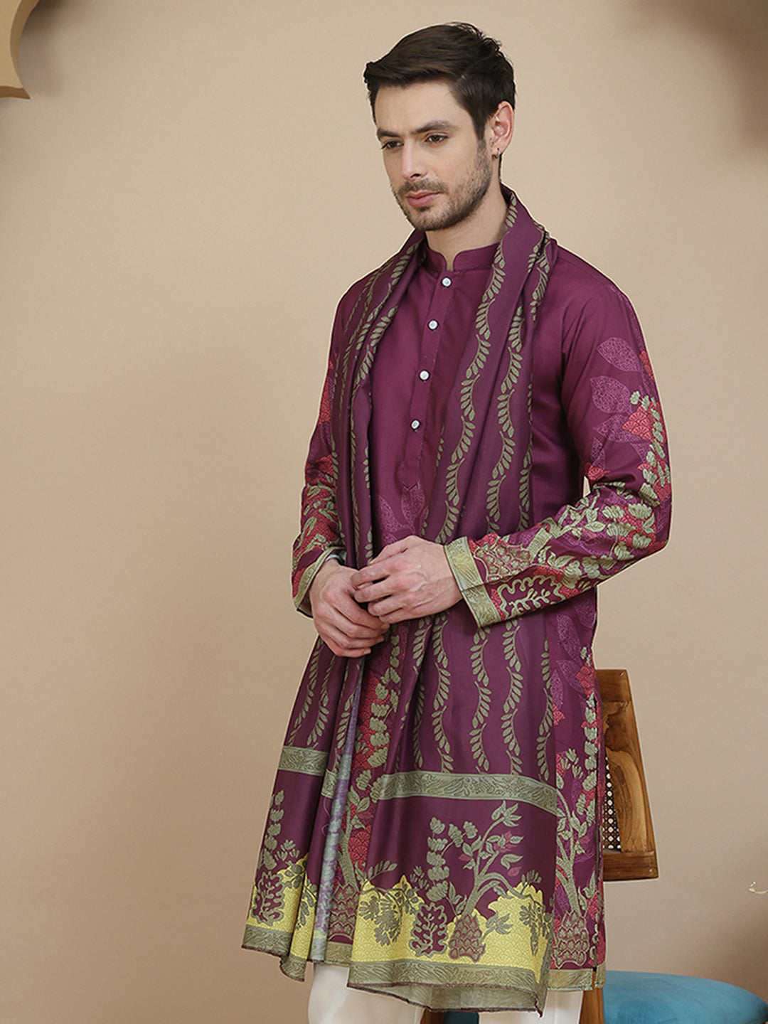 Floral Printed Purple Cotton Blend Kurtas With Dupatta