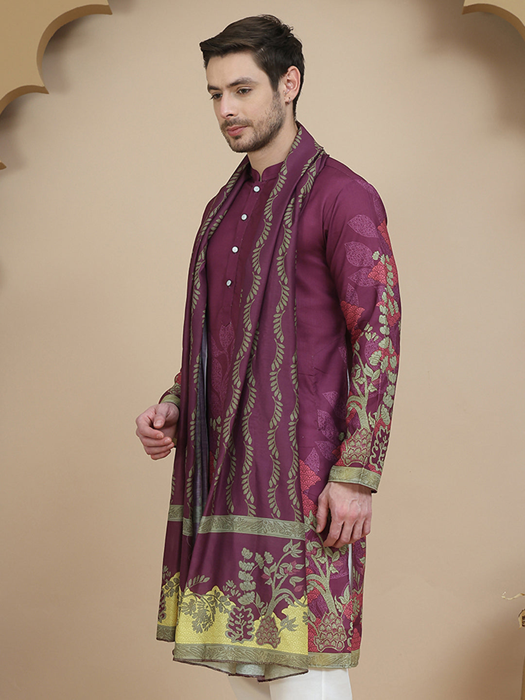 Floral Printed Purple Cotton Blend Kurtas With Dupatta