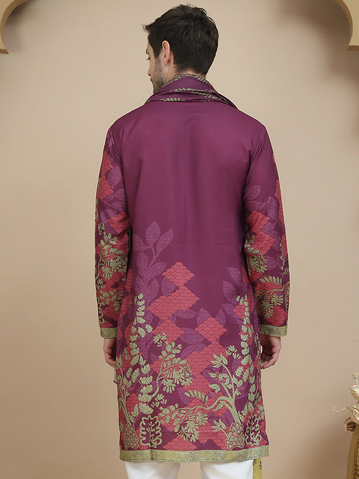 Floral Printed Purple Cotton Blend Kurtas With Dupatta