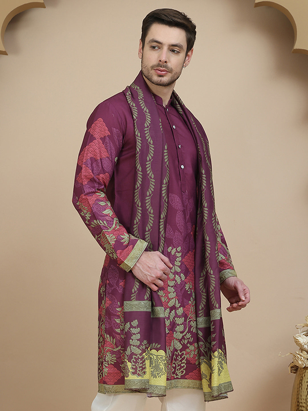 Floral Printed Purple Cotton Blend Kurtas With Dupatta
