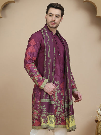 Floral Printed Purple Cotton Blend Kurtas With Dupatta