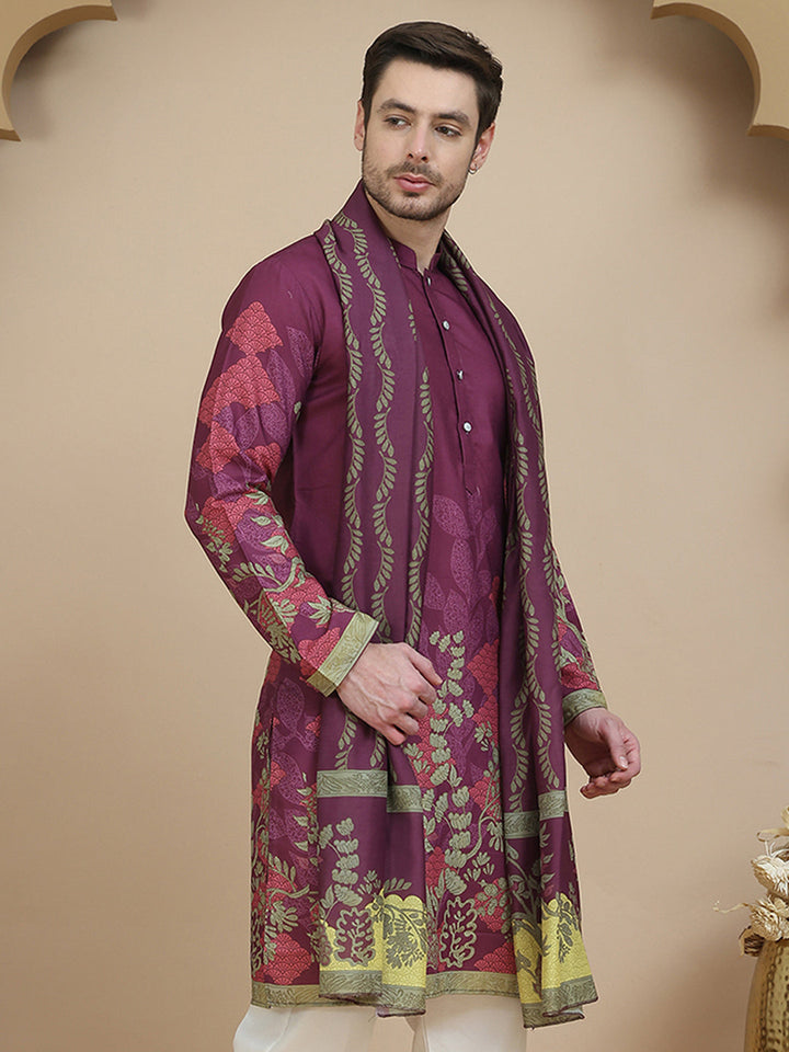 Floral Printed Purple Cotton Blend Kurtas With Dupatta