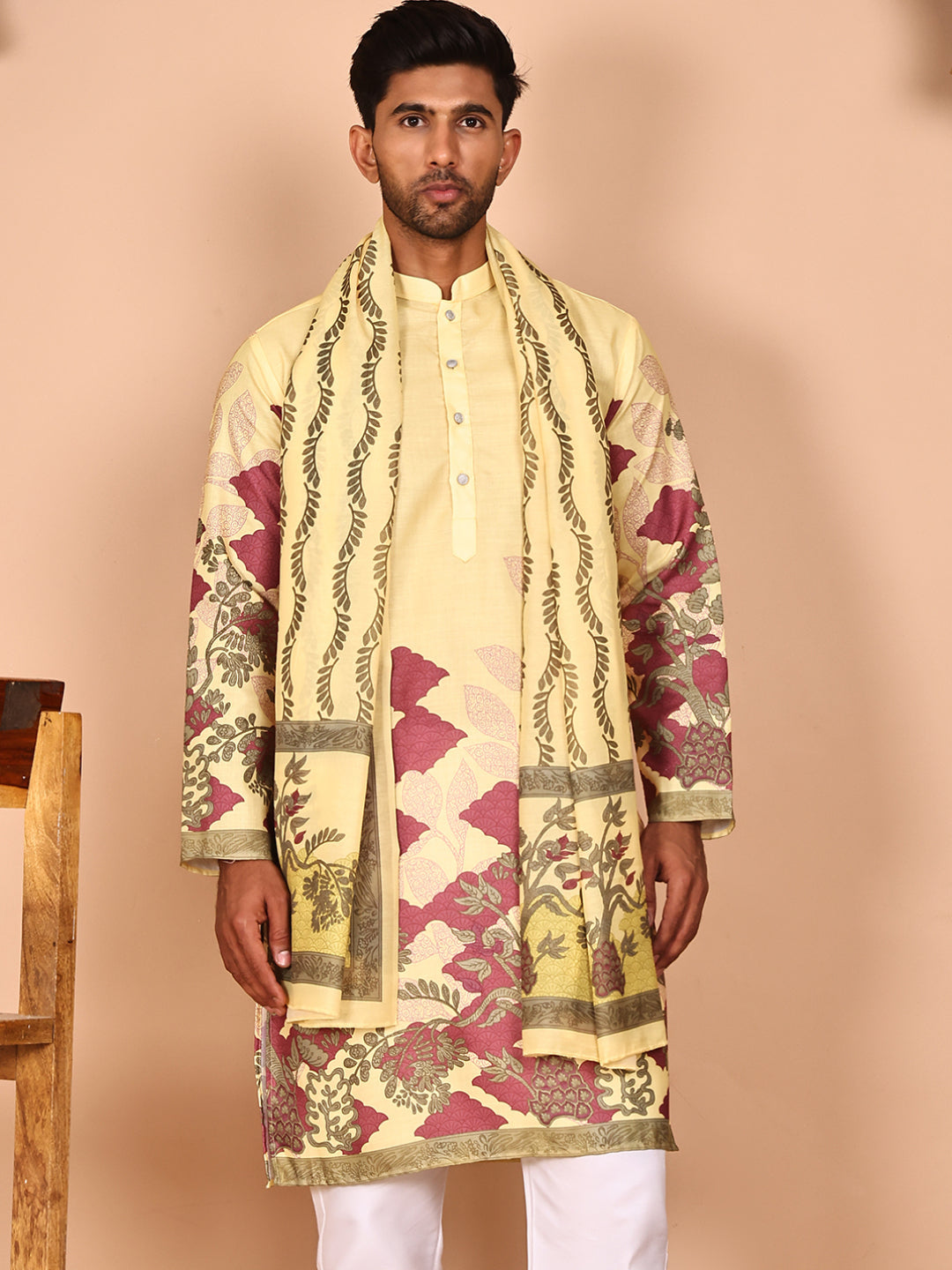 Floral Printed Yellow Cotton Blend Kurtas With Dupatta