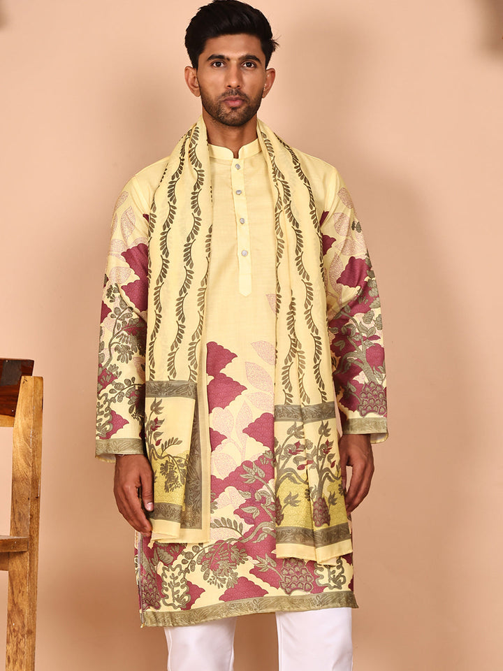 Floral Printed Yellow Cotton Blend Kurtas With Dupatta
