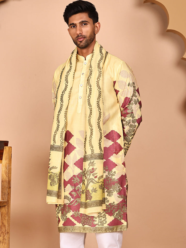 Floral Printed Yellow Cotton Blend Kurtas With Dupatta