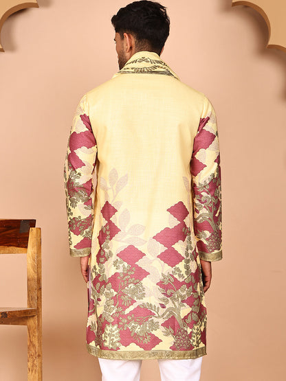Floral Printed Yellow Cotton Blend Kurtas With Dupatta
