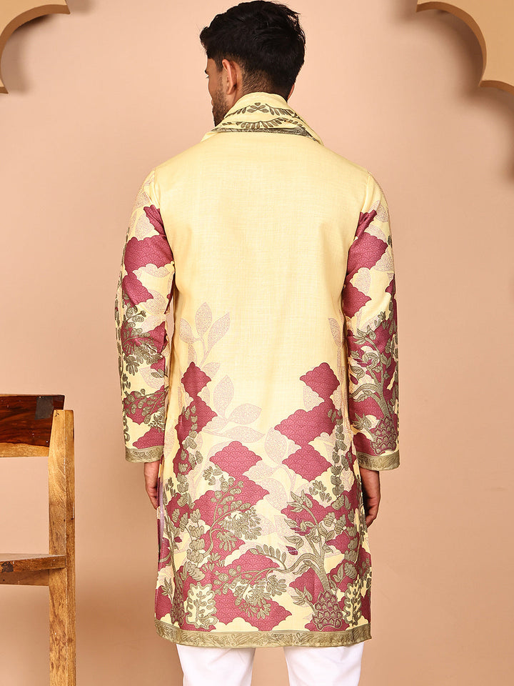 Floral Printed Yellow Cotton Blend Kurtas With Dupatta