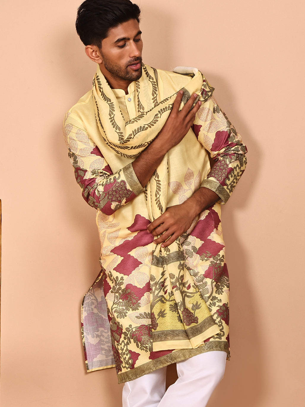 Floral Printed Yellow Cotton Blend Kurtas With Dupatta