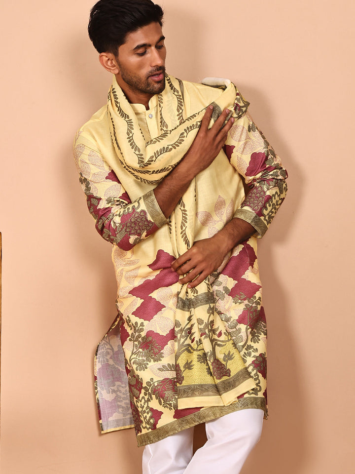 Floral Printed Yellow Cotton Blend Kurtas With Dupatta