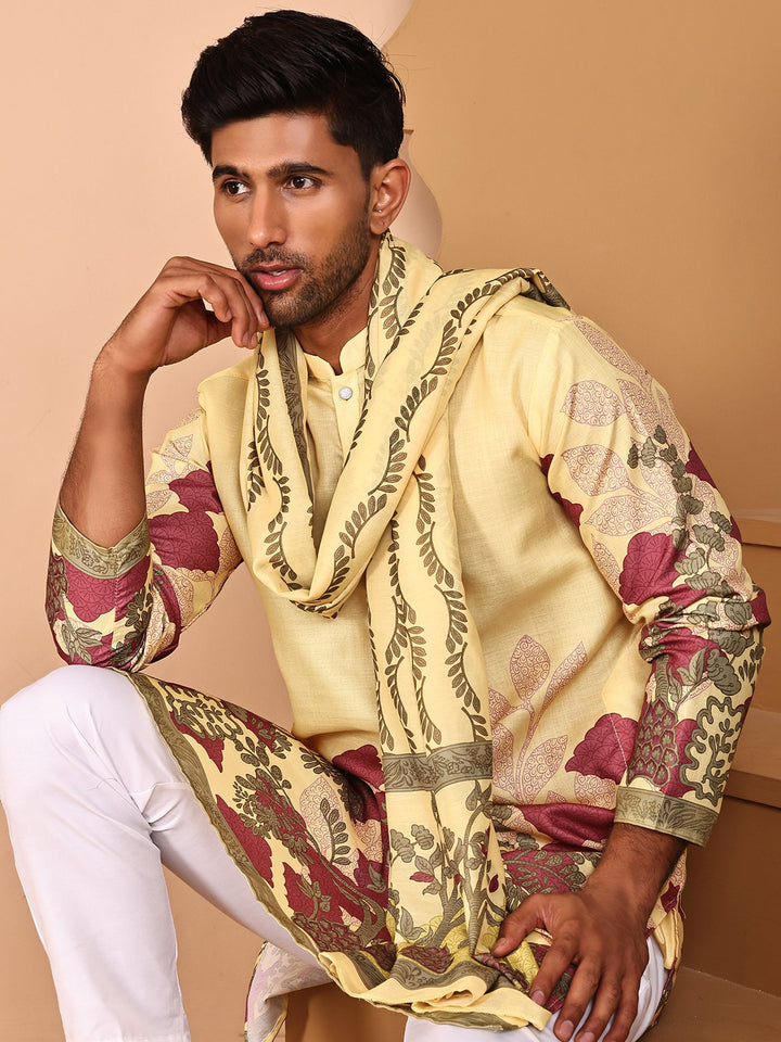 Floral Printed Yellow Cotton Blend Kurtas With Dupatta