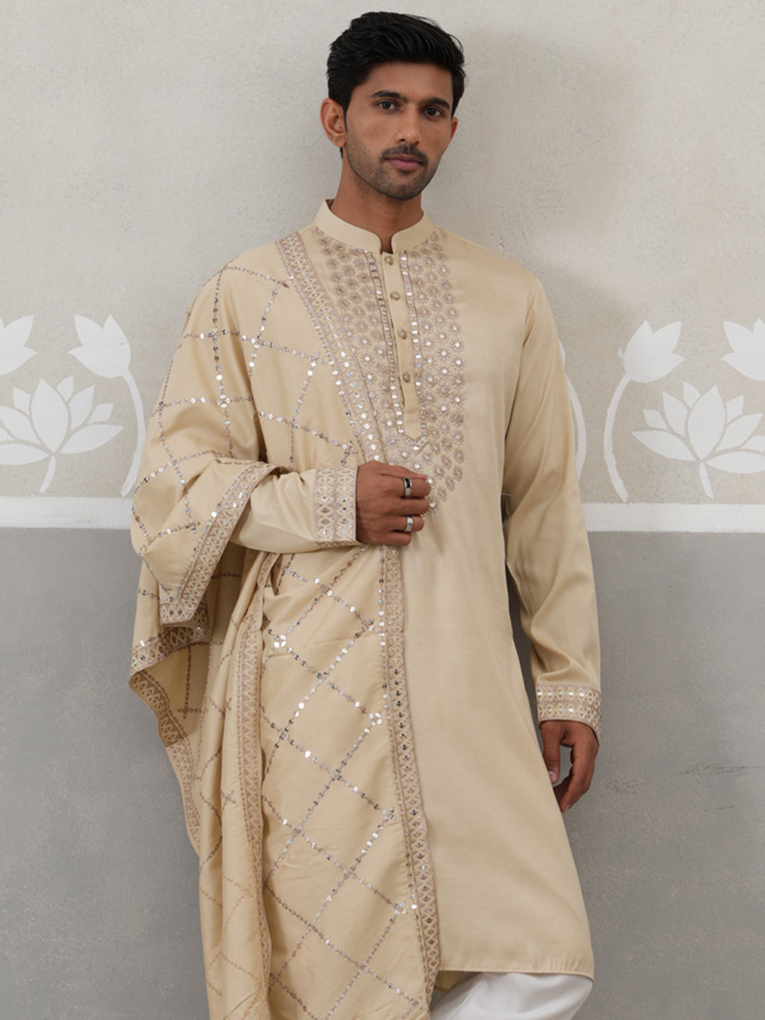 Silk Blend Sequins Embroidered Kurta With Dupatta