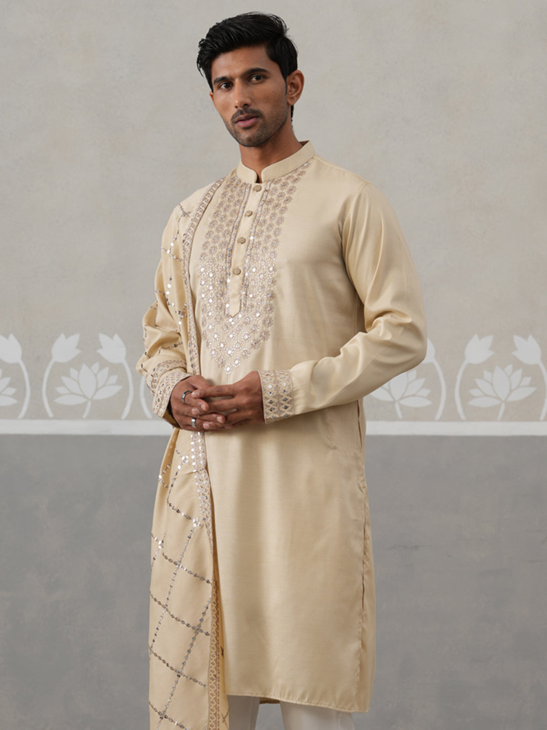 Silk Blend Sequins Embroidered Kurta With Dupatta
