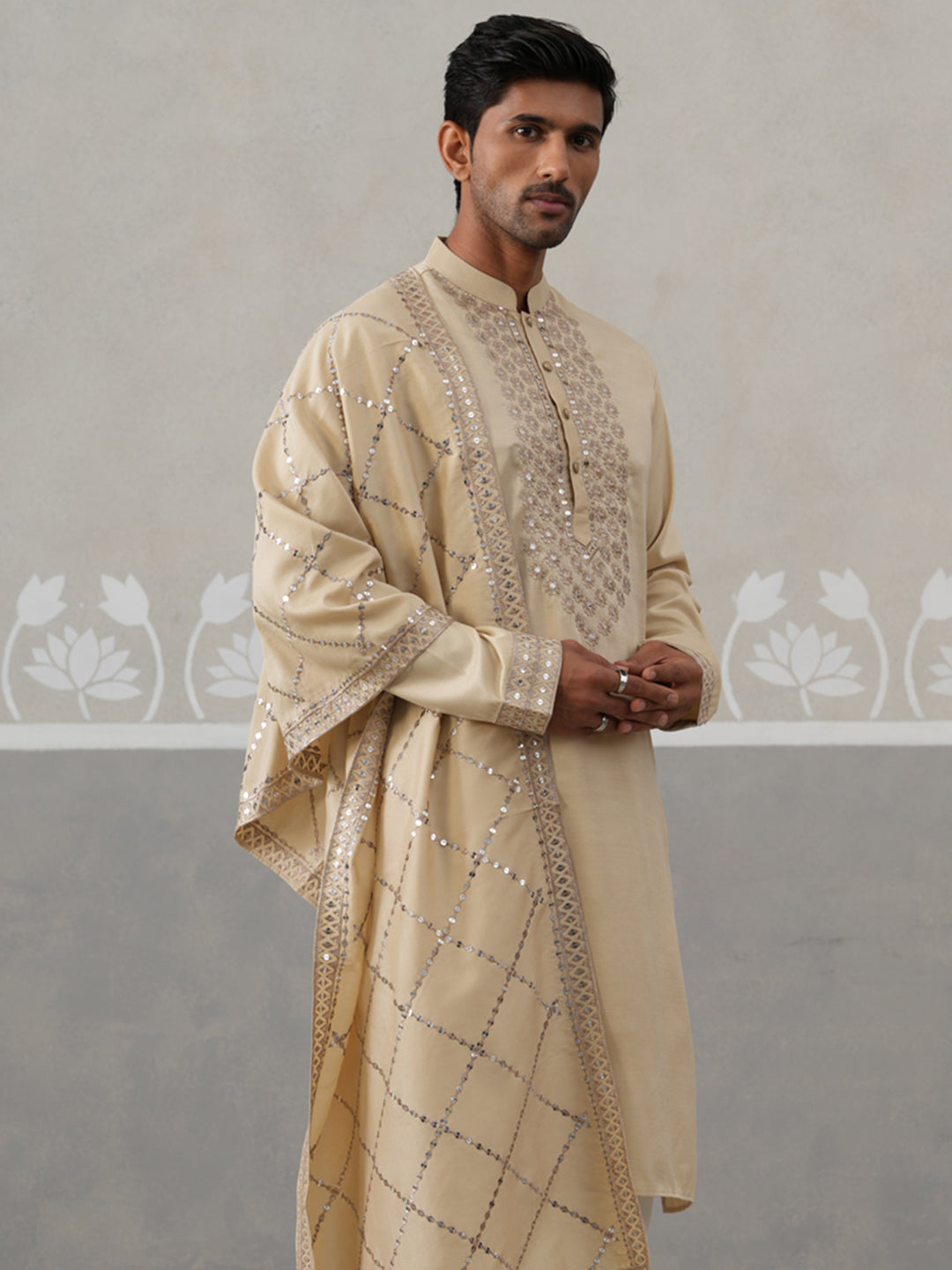 Silk Blend Sequins Embroidered Kurta With Dupatta