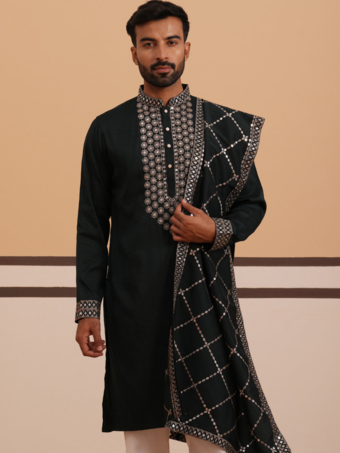 Silk Blend Sequins Embroidered Kurta And Dupatta Set