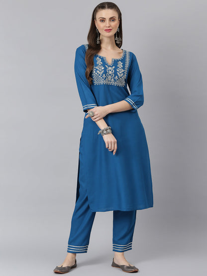 Women Embroidered Rayon Straight Kurta Pant Set (Pre-Order)