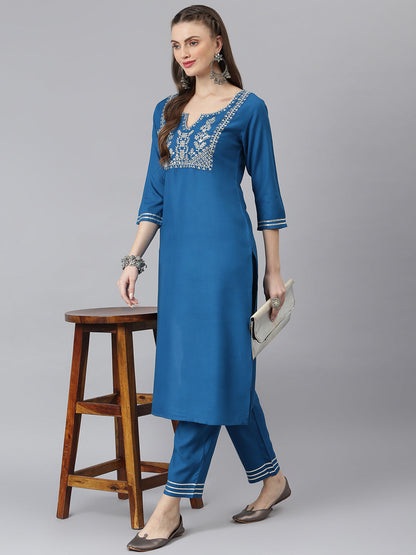 Women Embroidered Rayon Straight Kurta Pant Set (Pre-Order)
