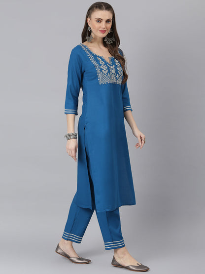 Women Embroidered Rayon Straight Kurta Pant Set (Pre-Order)