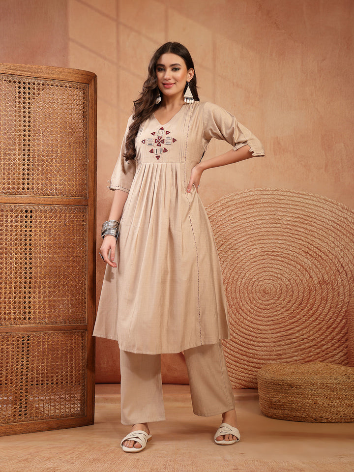 Solid &amp; Embroidered Cotton A-Line Kurta Pant Set