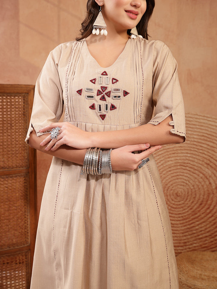 Solid &amp; Embroidered Cotton A-Line Kurta Pant Set