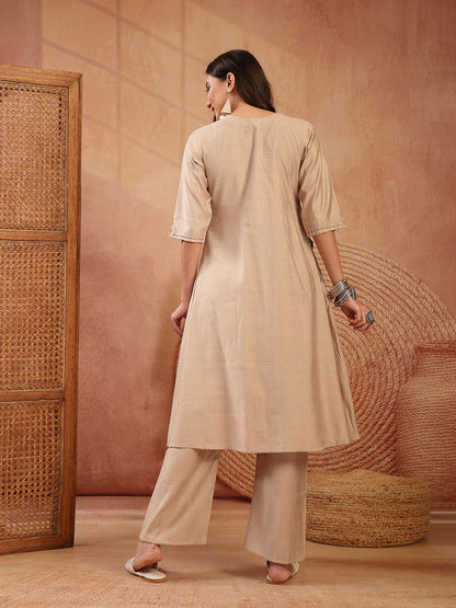 Solid & Embroidered Cotton A-Line Kurta Pant Set