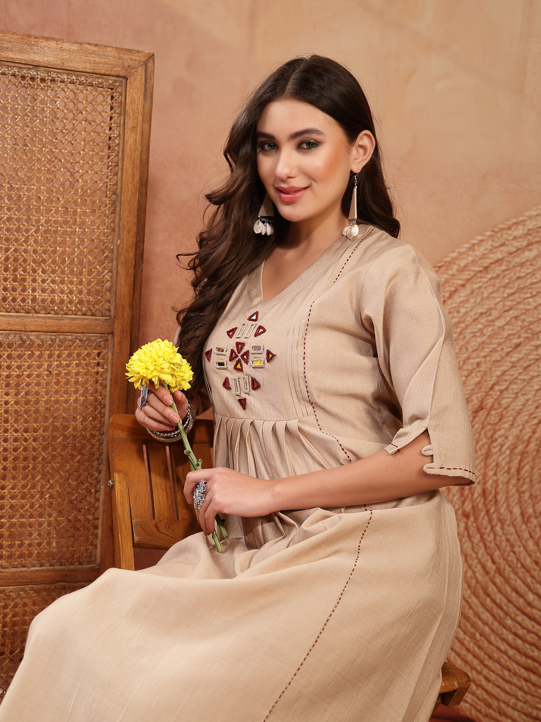 Solid &amp; Embroidered Cotton A-Line Kurta Pant Set