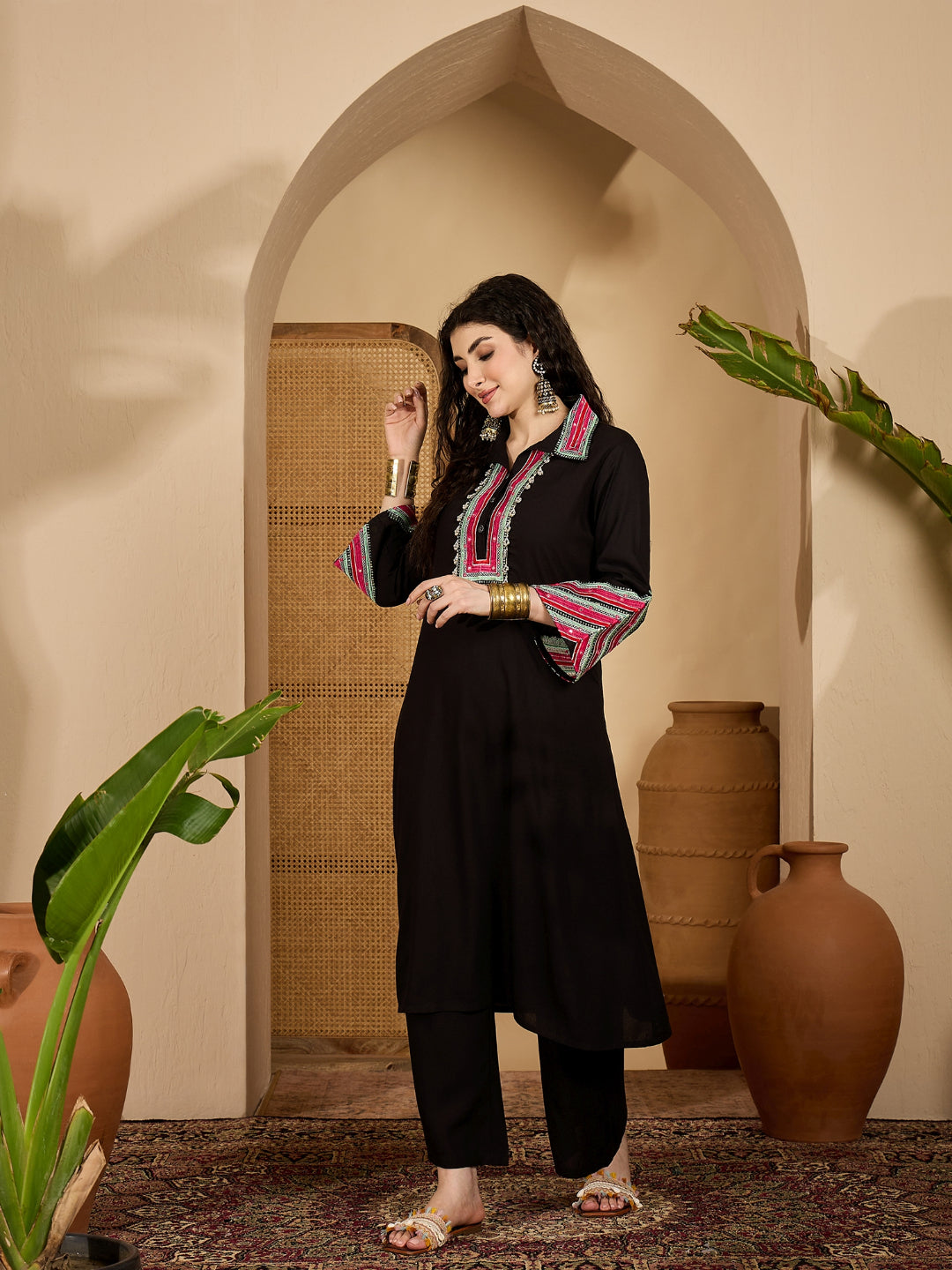 Women's Black Solid & Embroidered Rayon A-Line Kurta Pant Set