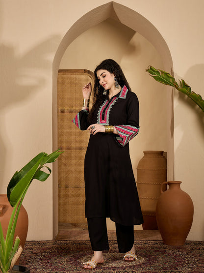 Women's Black Solid & Embroidered Rayon A-Line Kurta Pant Set