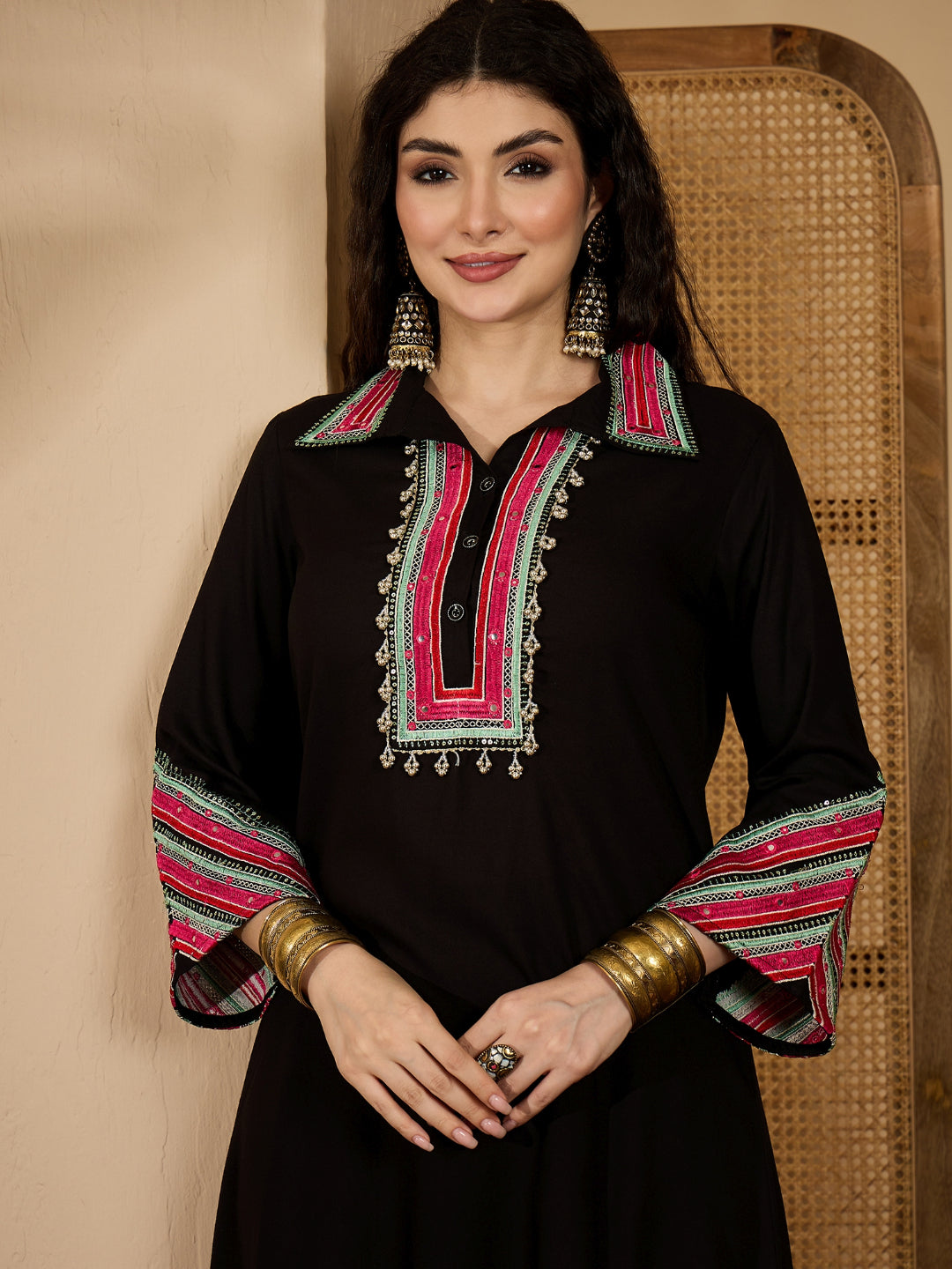 Women's Black Solid & Embroidered Rayon A-Line Kurta Pant Set