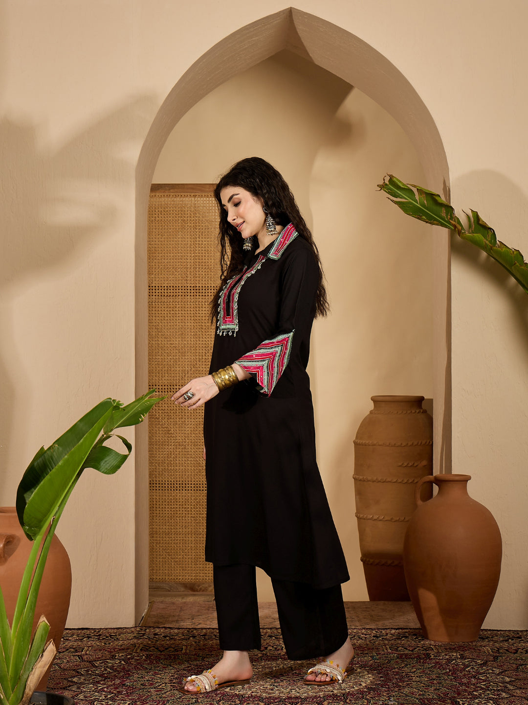 Women's Black Solid & Embroidered Rayon A-Line Kurta Pant Set